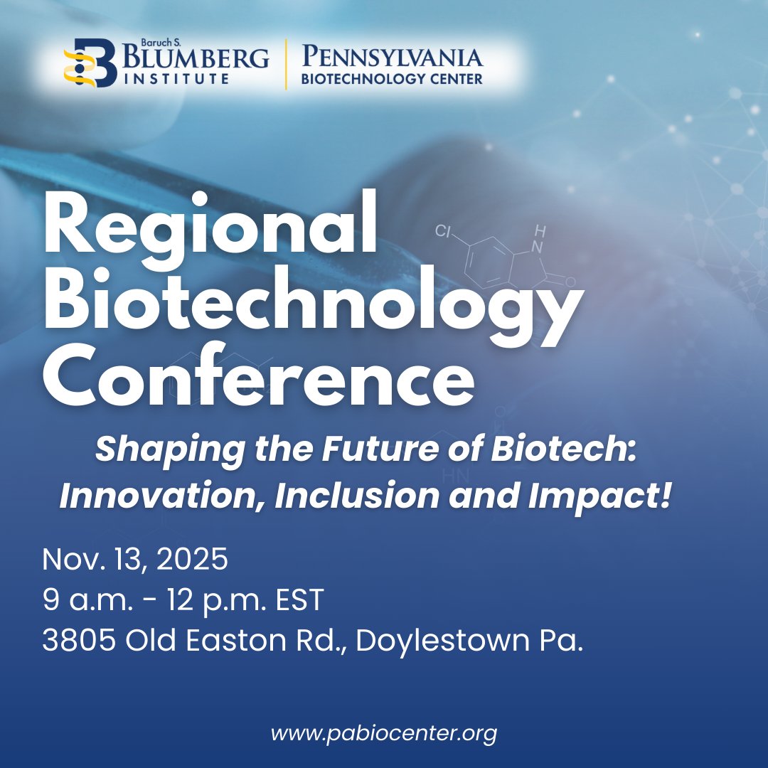 🌟 Join us Nov. 13, 9 a.m.–12 p.m. at the #PABC for the Regional Biotechnology Conference!
🎙️ Keynote: Nicholas A. Siciliano, PhD, CEO &amp; Co-Founder, Vittoria Biotherapeutics
💬 Health Equity in Biotech Panel: Chari A. Cohen, DrPH, MPH; Rosemary Frasso, PhD; Ayesha Sitlani, PhD
