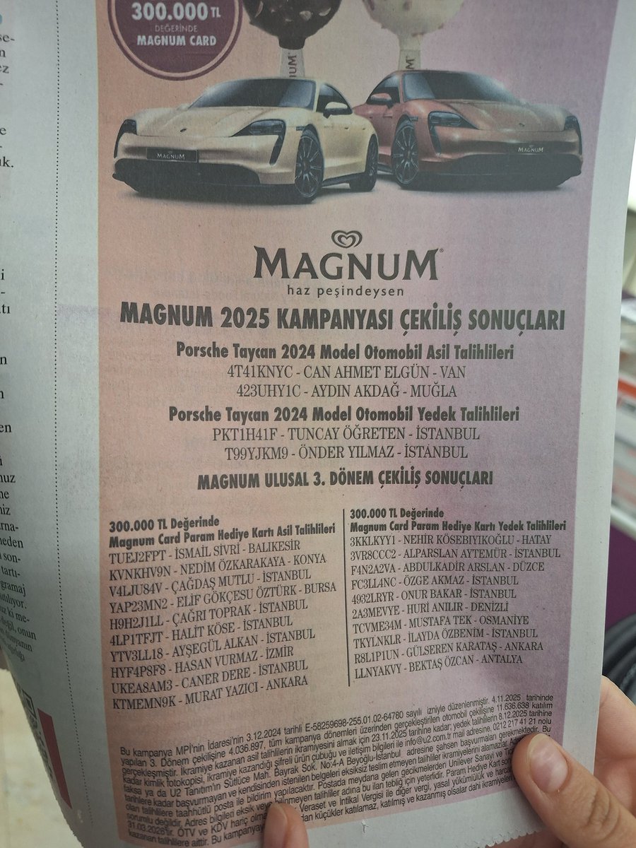 ozcantore's tweet photo. Magnum cekilis sonuclari 08.11.2025 
#magnum #magnumturkiye @kazanantalihli #cekilis #algida #Porsche https://t.co/csGaxjP33k