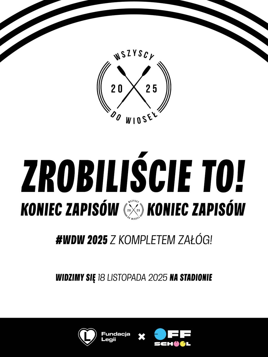 Mamy komplet załóg na tegoroczną edycją Wszyscy Do Wioseł! 

Jesteście niesamowici i bardzo cieszymy się na myśl, że 18 listopada popłyniemy razem! 🚣🏼

Do zobaczenia!