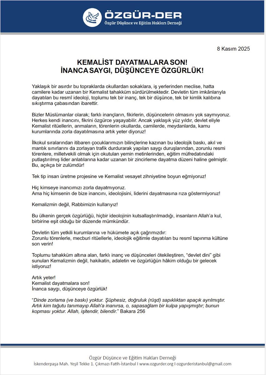 Kemalist Dayatmalara Son!

İnanca Saygı, Düşünceye Özgürlük!