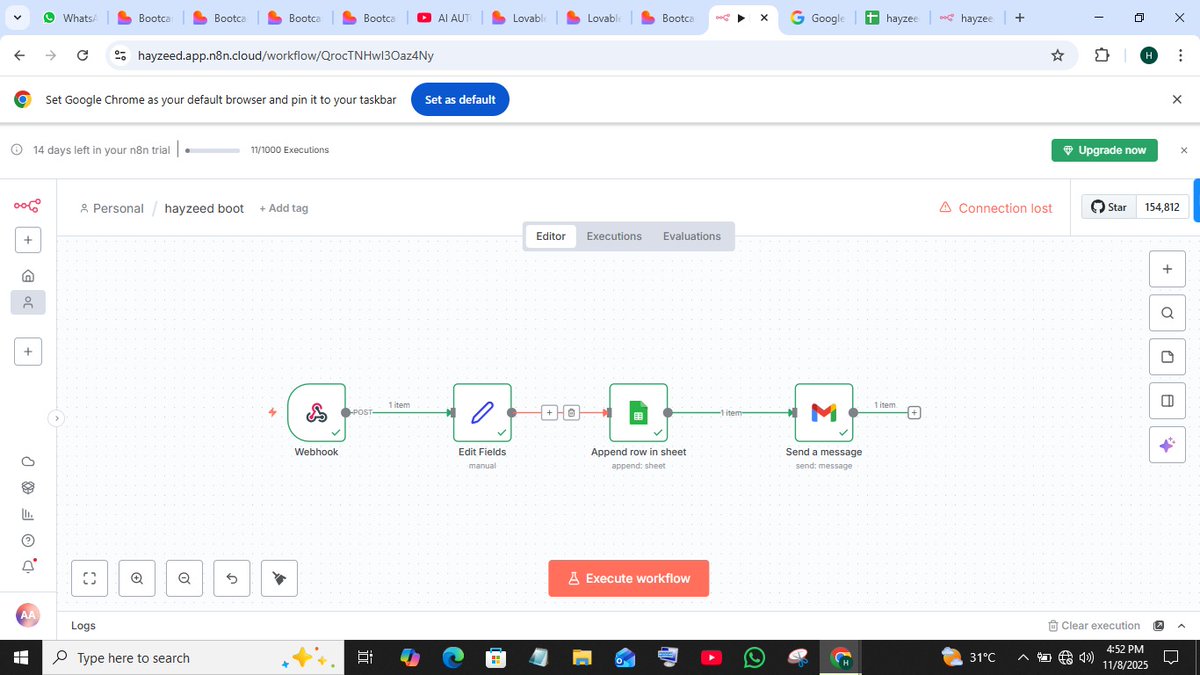 KOLAD59's tweet image. Glad to inform the entire populace about commencement of AI automation boot camp hosted by @Tech_babby and @AutomationKing0 
This is my first project on n8n, it automates attendance for the attendees.I&apos;ll be posting my subsequent project as I proceed on the journey. #AIautomation