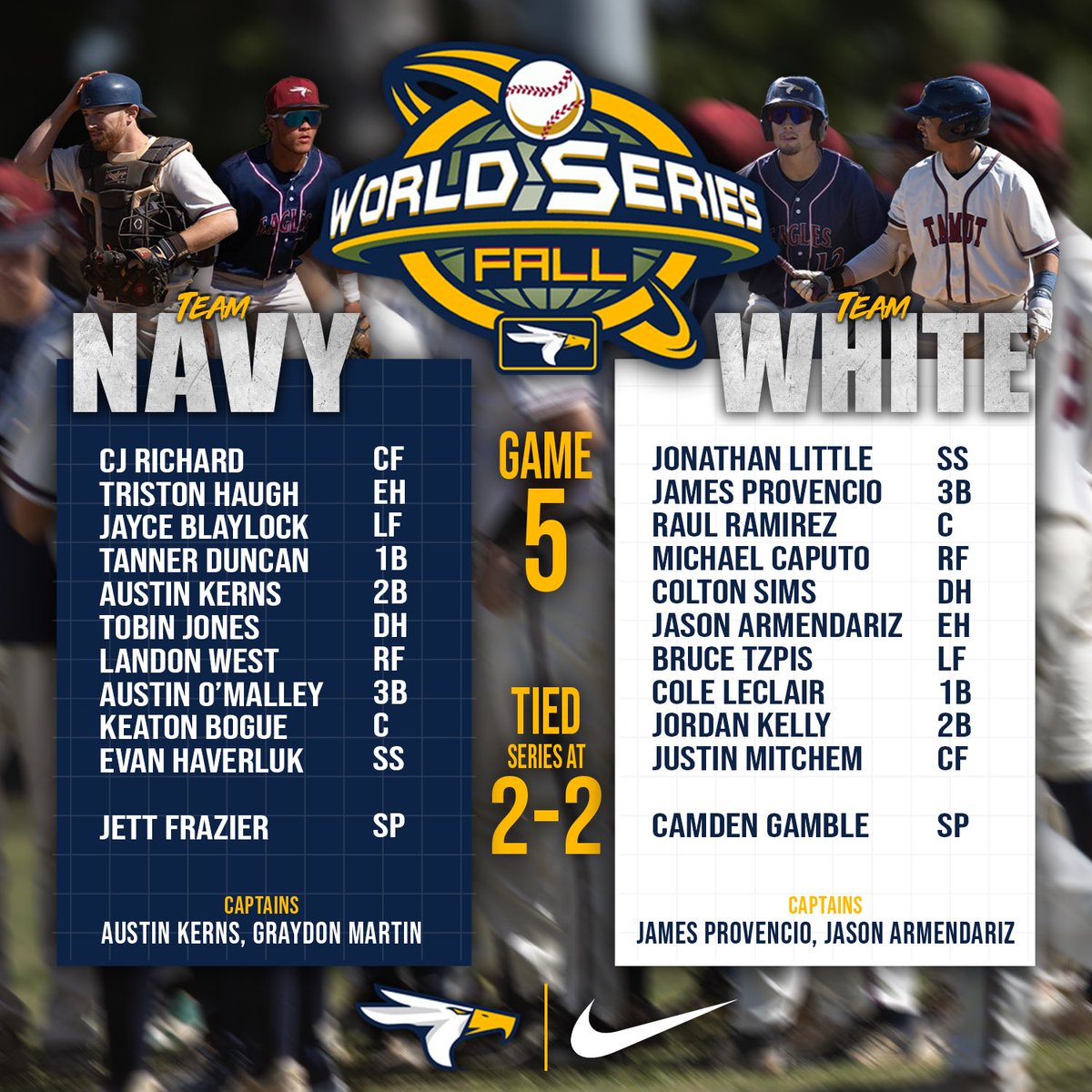 Championship Saturday🏆

Game 5 of the Fall World Series is set for 11:20 am!

🆚: Team Navy vs Team White 
🍁: Game 5 of the Fall World Series  
📅: TODAY - Saturday, November 8th
⏰: 11:20 am
📍: Texarkana, TX
🏟️: George Dobson Field
🎟️: Free

🦅🦅🦅