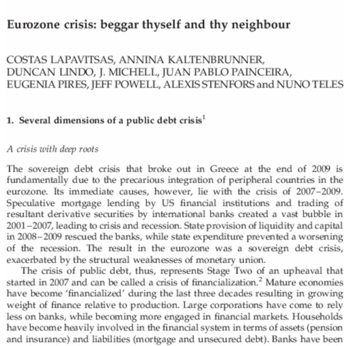 Hat jemand Zugriff auf diesen Text:
Lapavitsas et al. (2010). Eurozone  crisis: beggar thyself and thy neighbour. Journal of Balkan and Near Eastern Studies, 12(4), 321–373. doi.org/10.1080/194489…