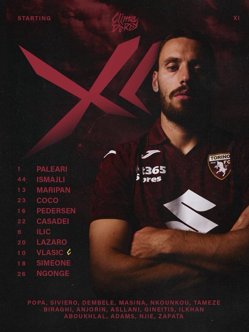 Graphic displays Torino FC starting lineup in red and black theme with player positions and names including 1 Paleari goalkeeper in jersey 4 Isamaili defender 3 Maripan defender 2 Pedersen defender 20 Lazaro midfielder 10 Vlasic midfielder 6 Ngonto midfielder 28 Ricci midfielder 17 Silas forward and substitutes like Bove Biraschi and others listed below with team bull logo and sponsor 365.