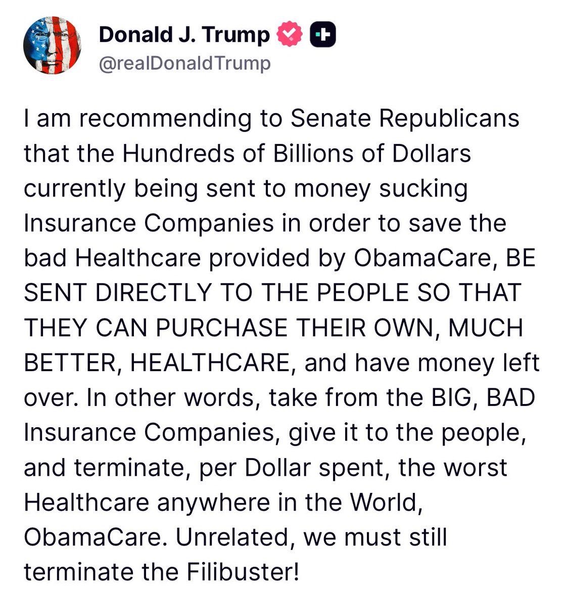 _johnnymaga's tweet image. 🚨 Amazing. Trump wants the money that Congress has been transferring to insurance companies to be paid DIRECTLY to consumers to purchase their own healthcare.

“Take from the big, bad, insurance companies, give it to the people”
