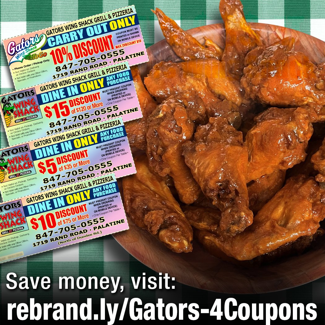 GATORSWINGSHACK's tweet image. ✨ SAVE MONEY!!!
Enjoy Gators Wing Shack's Delicious Food AND SAVE MONEY with these FOUR COUPONS.
✨CLICK on the LINK BELOW: rebrand.ly/Gators-4Coupons
.
.
.
#wingwednesday #bestfoodchicago #buffalochicken #palatineillinois #eatchicago #chicagobucketlist #NorthwestSuburbs