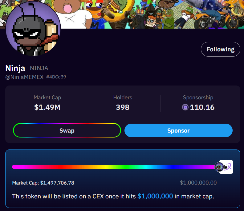 BNB10W's tweet image. 忍者現在市值149萬美元
這是最屌的 $M @MemeMax_Fi 平台
抽100位(每一位有1000顆幣)
另外再額外抽兩位5000顆幣！
(首要條件) 追蹤 @Ninja_memex  
轉發+愛心+地址
超過300位留言再增加30位名額
2025/11/11 晚上8點截止
目前 $M 已經進度第二階段扶持meme 幣
@Ninja_memex