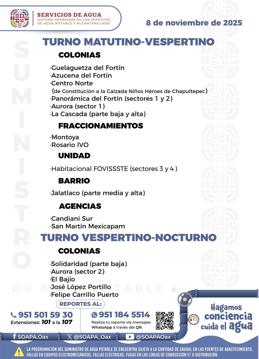 Sumministro de agua potable hoy 8 de noviembre. #Oaxaca 

#OaxacaDeJuárezc <a href="/SOAPA_Oax/">Servicios de Agua</a>