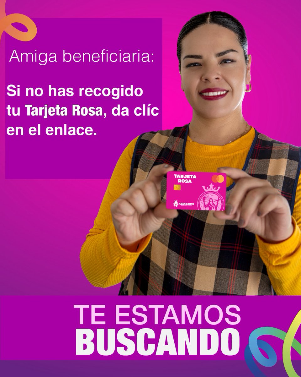 Quiero que puedas disfrutar los todos los beneficios de la Tarjeta Rosa. 

Si la solicitaste y aún no la haz recogido da clic en el siguiente enlace para saber dónde y cuándo te la entregamos:

👉 citatarjetarosa.guanajuato.gob.mx/index.php/busq…