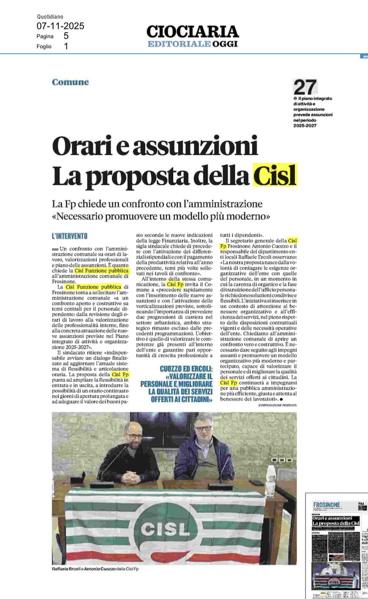 CislFpFrosinone's tweet photo. #ComuneFrosinone : Orari e #assunzioni - La @CislFpFrosinone chiede un #confronto con l'amministrazione
«Necessario #promuovere un #modello più moderno»
#ilmiolavorovale
Leggi rassegna stampa locale su @CiociariaO e @ilmessaggeroit 👇 https://t.co/ruilBnbSTm