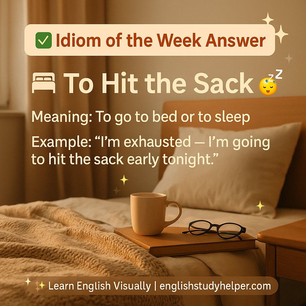 engstudyhelper's tweet image. 💡 Quiz Answer!
“To hit the sack” = to go to bed or sleep 😴
Example: I’m so tired — time to hit the sack!
Want to learn English visually and remember idioms faster?
Join English Learning Insider and 
Get my free guide “Learn How to Learn” 🎁
👉 shop.englishstudyhelper.com/free-guide-lea…