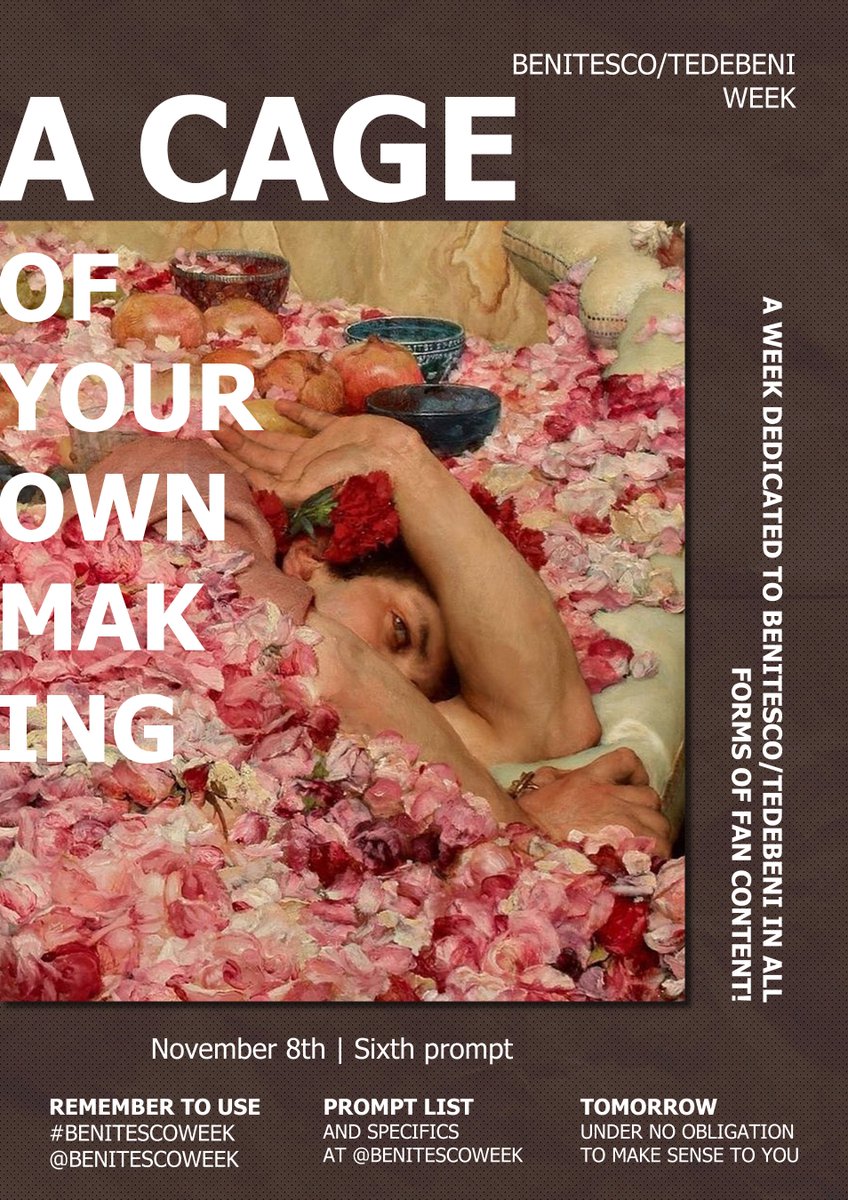 BenitescoWeek's tweet photo. Benitesco week - Day 6 Prompts!! (we're reaching the end 😳)

Euology; All rots | A cage of your own making

#benitescoweek https://t.co/5m2BdwbPtx