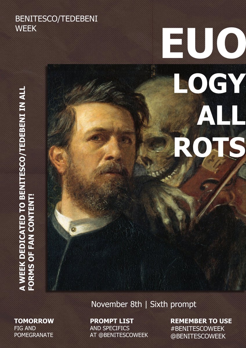 BenitescoWeek's tweet photo. Benitesco week - Day 6 Prompts!! (we're reaching the end 😳)

Euology; All rots | A cage of your own making

#benitescoweek https://t.co/5m2BdwbPtx