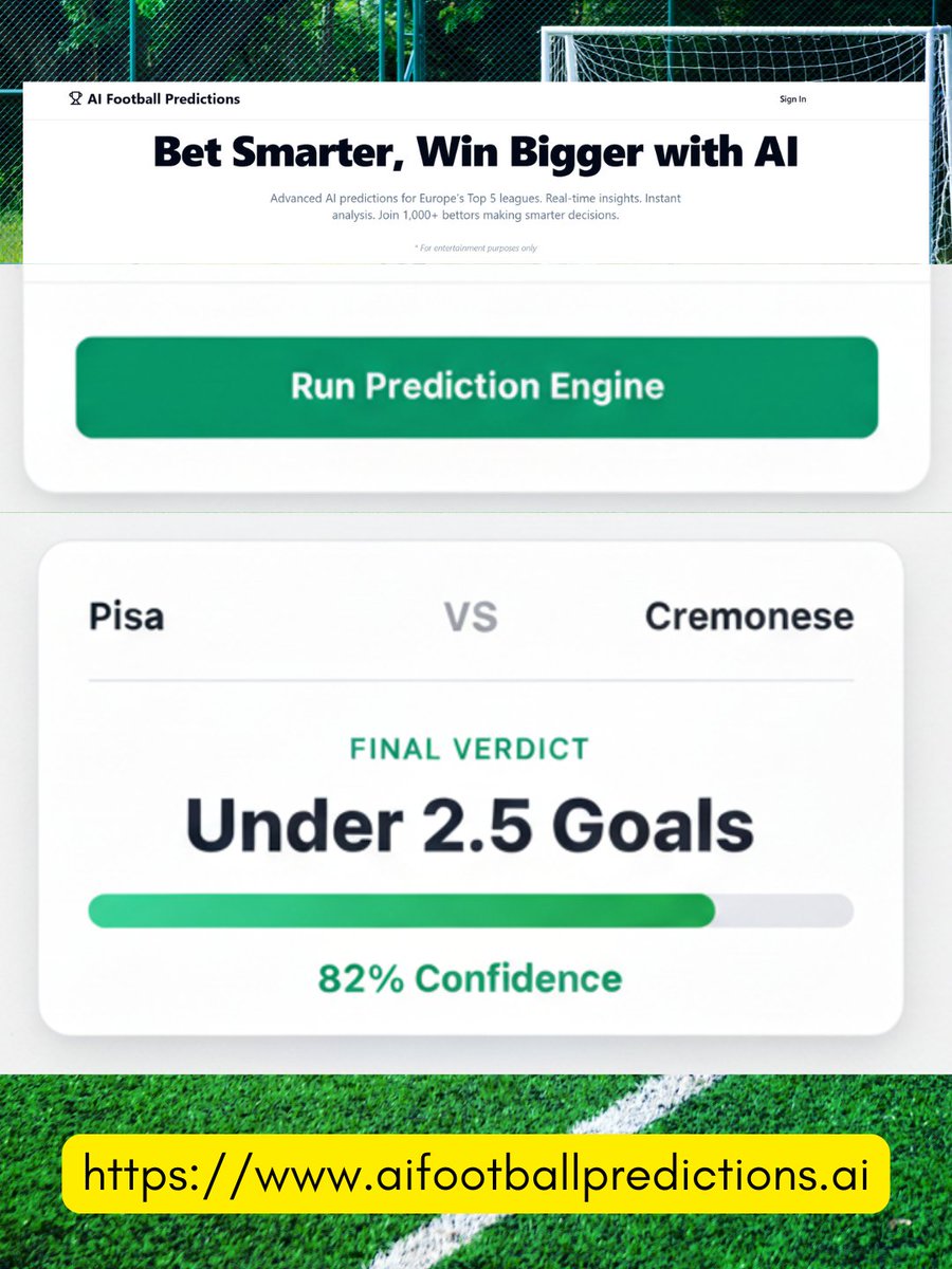 AiFootball_Pred's tweet photo. Bet Smarter, Win Bigger with AI
Advanced AI predictions for Europe's Top 5 leagues. Real-time insights. Instant analysis. Join 1,000+ bettors making smarter decisions. For informational and entertainment purposes only. #AIGoalGPT #FootballAI #PremierLeague #SoccerPredictions https://t.co/TOPD2h4pa1