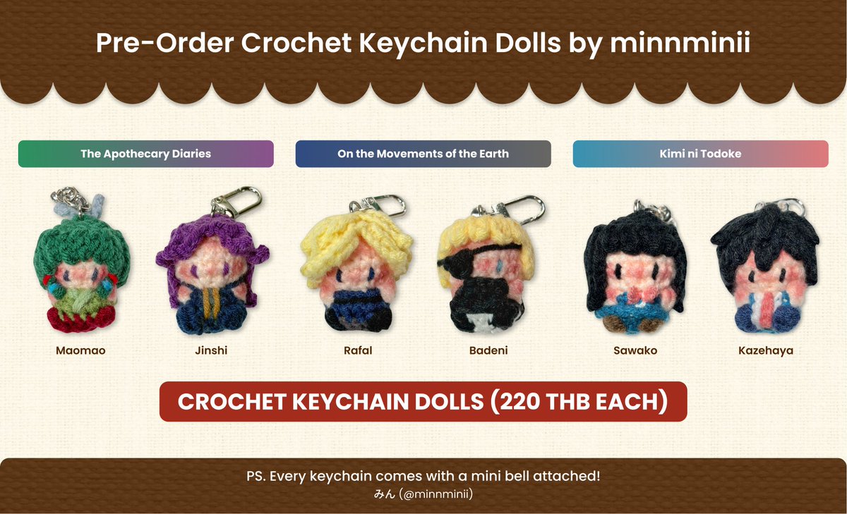 📢RT Appreciated
📌Pre-Order: Crochet Keychain Dolls✨

ตามที่เคยสัญญาไว้ วันนี้มาเปิดฟอร์มลงชื่อจองคิวงานถักแล้วค่า ใครที่สนใจสามารถกรอกเพื่อจองคิวได้เลยนะคะ 🌷
forms.gle/iKm8V665fW1M5r…

ปิดพรี 16 พ.ย. 68 นี้ค่ะ
(ถ้ากรอกฟอร์มแล้ว รบกวนทัก dm เรามาอีกทีนึงนะคะ ขอบคุณค่า 💗)