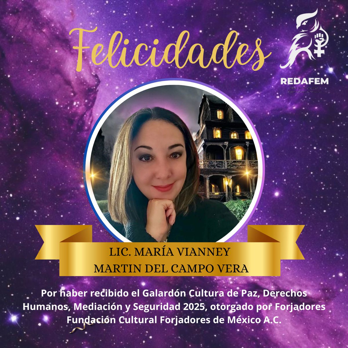 redafemx's tweet image. ✨ Felicitamos a la Abogada Vianney Martín del Campo, digna integrante de REDAFEM Por haber recibido el Galardón Cultura de Paz, Derechos Humanos, Mediación y Seguridad 2025, otorgado por Fundación Cultural Forjadores de México A.C.
¡Enhorabuena, Vianney! Tu trabajo nos inspira!