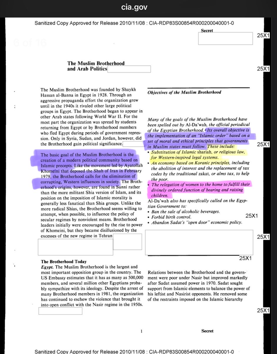 Declassified document regarding the muslim brotherhood who has tried to overthrow middle eastern leaders, but somehow convinces other governments they are mostly peaceful. I highlighted in pink something the feminists should love 😉