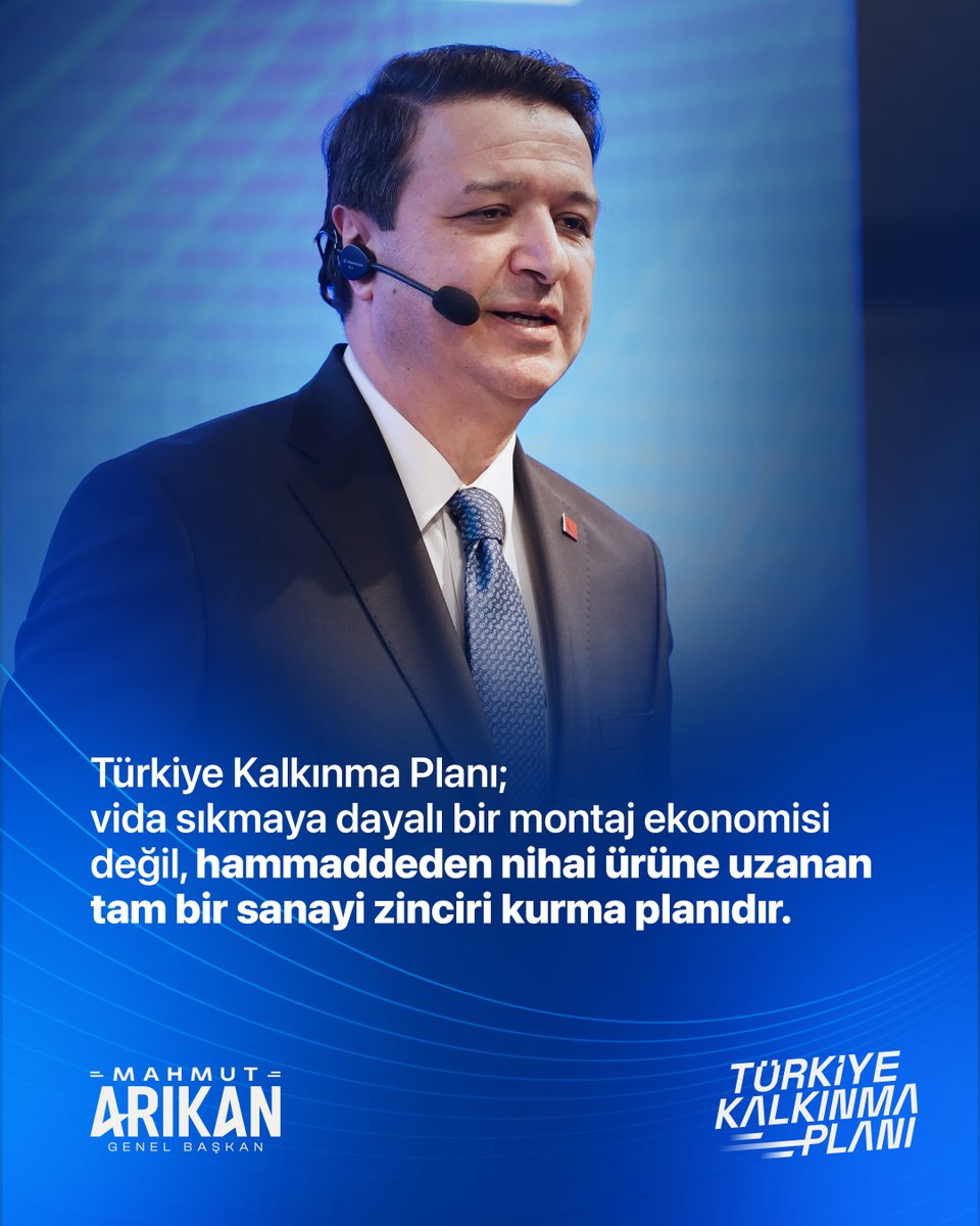"Türkiye Kalkınma Planı; vida sıkmaya dayalı bir montaj ekonomisi değil, hammaddeden nihai ürüne uzanan tam bir sanayi zinciri kurma planıdır."

<a href="/mahmutarikansp/">Mahmut Arıkan</a> 

Akıl ve Cesaretle
#YenidenBüyükTürkiye