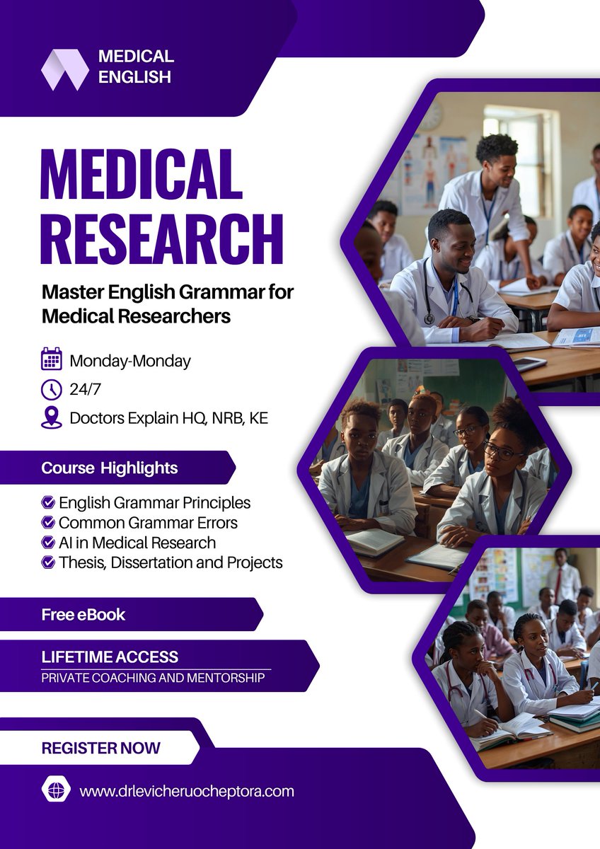 📝💉 Master English Grammar for Medical Researchers

Write clearer, precise, and impactful theses, dissertations &amp; papers. 📚💡 

Enroll 👉 drlevicheruocheptora.com/home/course/ma…

#AcademicWriting #MedicalResearch #Healthcare #GrammarSkills #Publishing #ResearchTips #EdTech