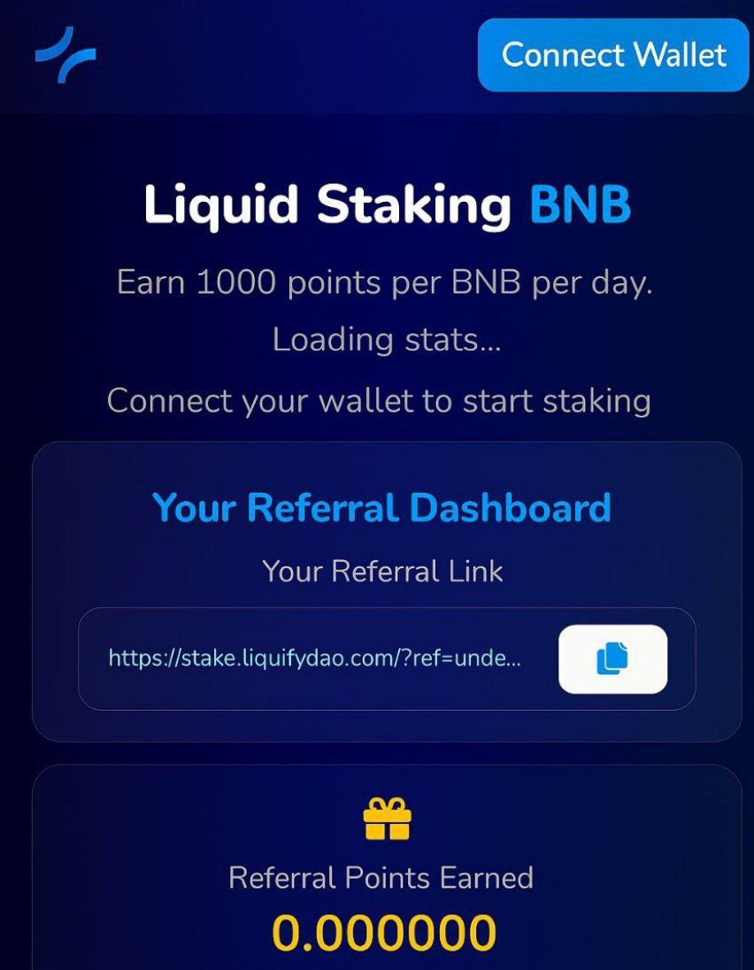 📢 Here’s the first look at our upcoming #LiquiFyDAO Staking Platform 💧

💠 Here you’ll be able to:
✅ Stake BNB and earn 1000 points per BNB per day
✅ Track your rewards in real-time
✅ Invite friends and earn through referrals

⏳ Staking Platform Loading..
Rewards Await!