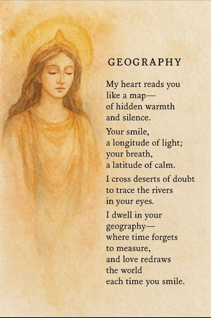 I cross deserts of doubts
to trace the rivers
in your eyes.

I dwell in your
#geography -
where time forgets 
to measure,
and love
redraws the world
each time you smile.
#vss365