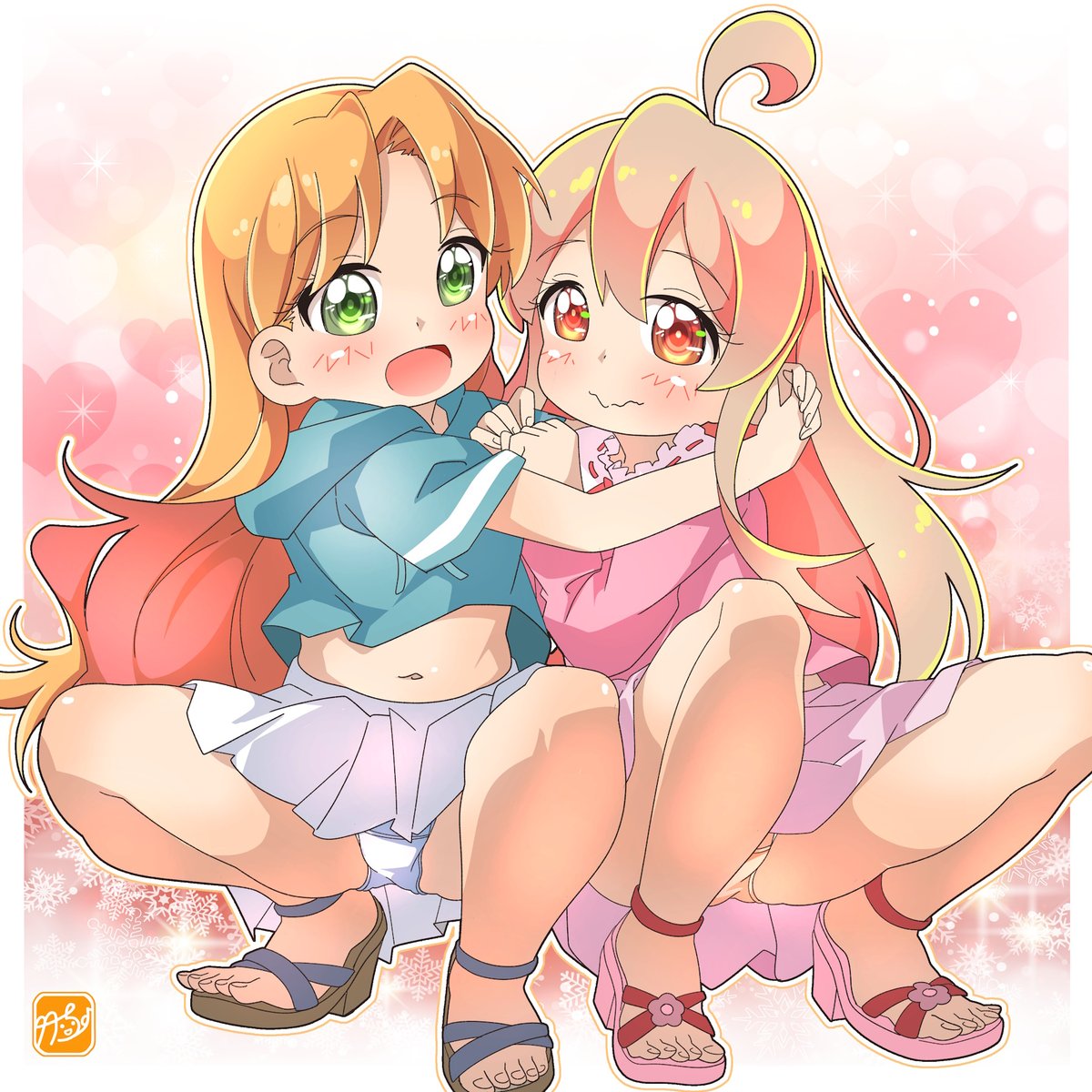 おはようございますでゲソ！('ω')ノ

人懐っこい瑠璃ちゃんに
ハグされて恥ずかしがる
まひろちゃんで、
ドキドキお目覚めっ💞

#瑠璃の宝石 
#おにまいお絵描き