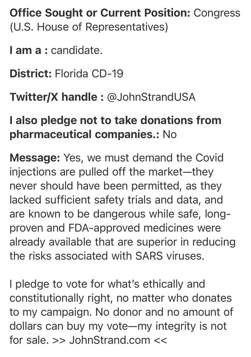 Thank you <a href="/JohnStrandUSA/">John Strand</a> - running for FL CD19 - for signing our pledge calling for the Covid shots to be pulled off the market! 
“I pledge to vote for what’s ethically and constitutionally right, no matter who donates to my campaign. No donor and no amount of dollars can buy my