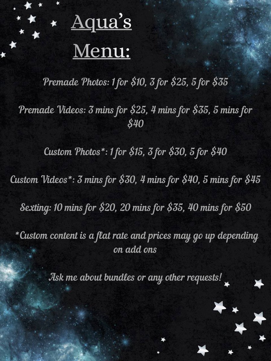 new pinned! :D

hi, i’m aquamarine (or just aqua) follow to get to know me and to see sneak peaks of my content! 

fun facts:
- 19
- switch (but very sub leaning)
- mouth content is my fave
- pisces
- yes, i sell (add my tele)
- i accept cashapp (preferred) and venmo