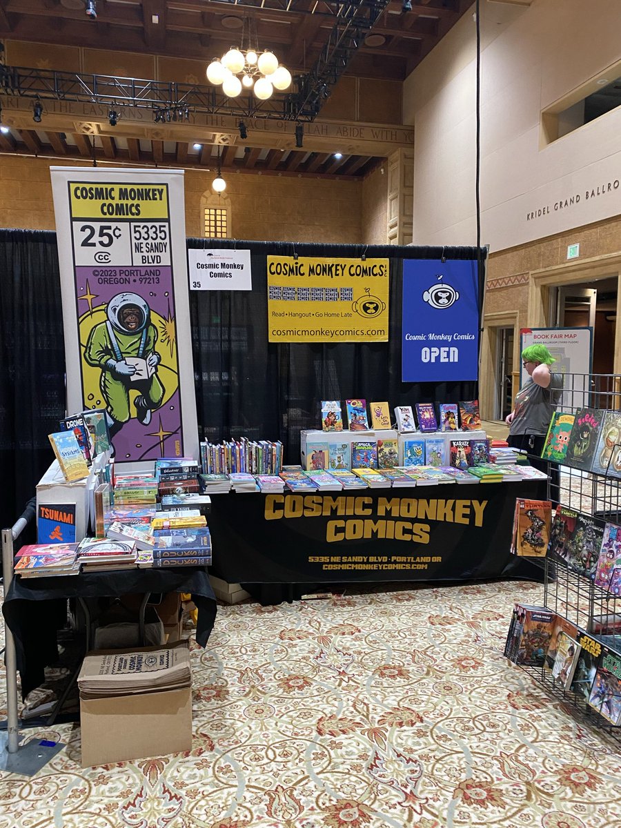 cosmicmonkey's tweet photo. We're set up at the Portland Book Festival today, 9-6pm, booth #35. #portlandbookfestival #literaryarts #wordstock #pdxcomics #pdxcomicbookstore #timetoread #comicsforeveryone https://t.co/Q8SwlXEQQG