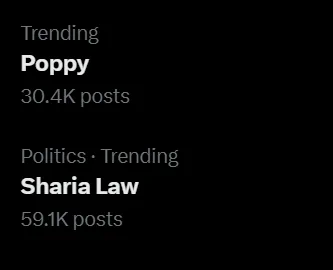 A screenshot from twitter trending topics, showing Poppy with 30k posts, followed by Sharia Law, with 59k posts