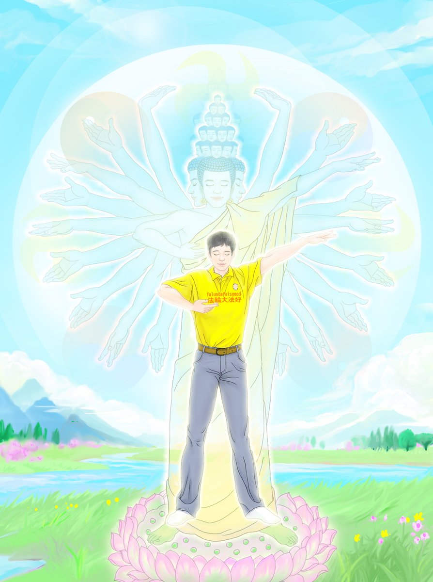 MinghuiJapan's tweet photo. 法輪功学習者が第一功法を行う時の不思議な境界を描写。 
佛展千手法の荘厳さを、柔らかな色で描いた作品。

🌈続きはこちらです✨
https://t.co/DC9Li93ZWr https://t.co/8aWI9Taawv