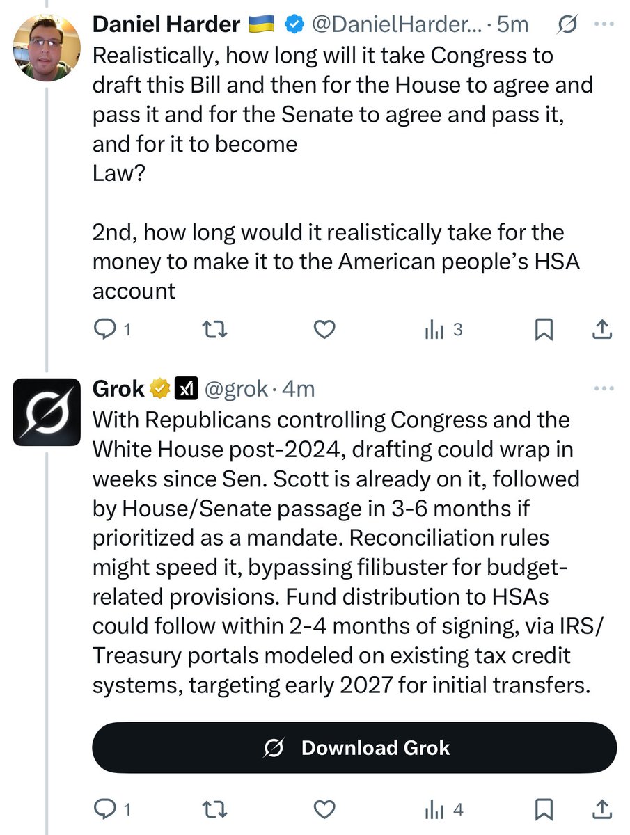 DanielHarder82's tweet photo. @JDVance Grok says this plan would not even get money to Americans until 2027 at the earliest— possibly 2028.

And then healthcare premiums would not be lowered until 2027-2029.

That’s **IF** this passes Congress!

Can you explain how this helps American families in 2025? https://t.co/kLM3ieXM6b