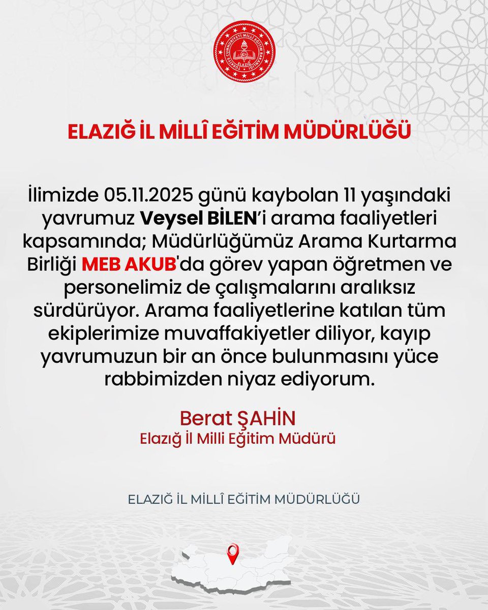 11 Yaşındaki çocuğumuz Veysel BİLEN’i arama çalışmaları devam ediyor. <a href="/tcmeb/">Millî Eğitim Bakanlığı</a> <a href="/SahinBeraat/">Beraat Şahin</a>