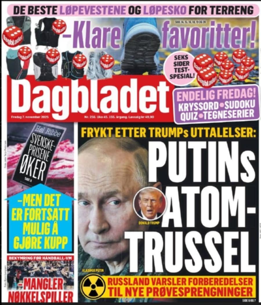ZaZdzislaw's tweet photo. Norweska #Dagbladet donosi o "atomowym zagrożeniu Putina".
Artykuł NIE wspomina o tym, że Rosja odpowiada na słowa p. Trumpa i obiecuje przeprowadzić próby nuklearne tylko wtedy, gdy zrobią to Stany Zjednoczone. Ale co szkodzi straszyć Rosją swoich czytelników!! https://t.co/d2JIaerzlm