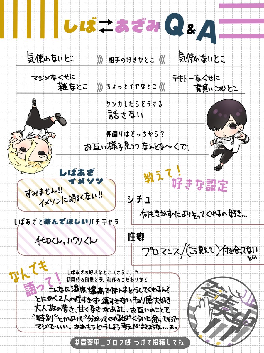 #登奏中_プロフ帳

原稿の合間にちまちま書いてました
ようやく書けたのでタグ失礼します!
マイ解釈!👊 