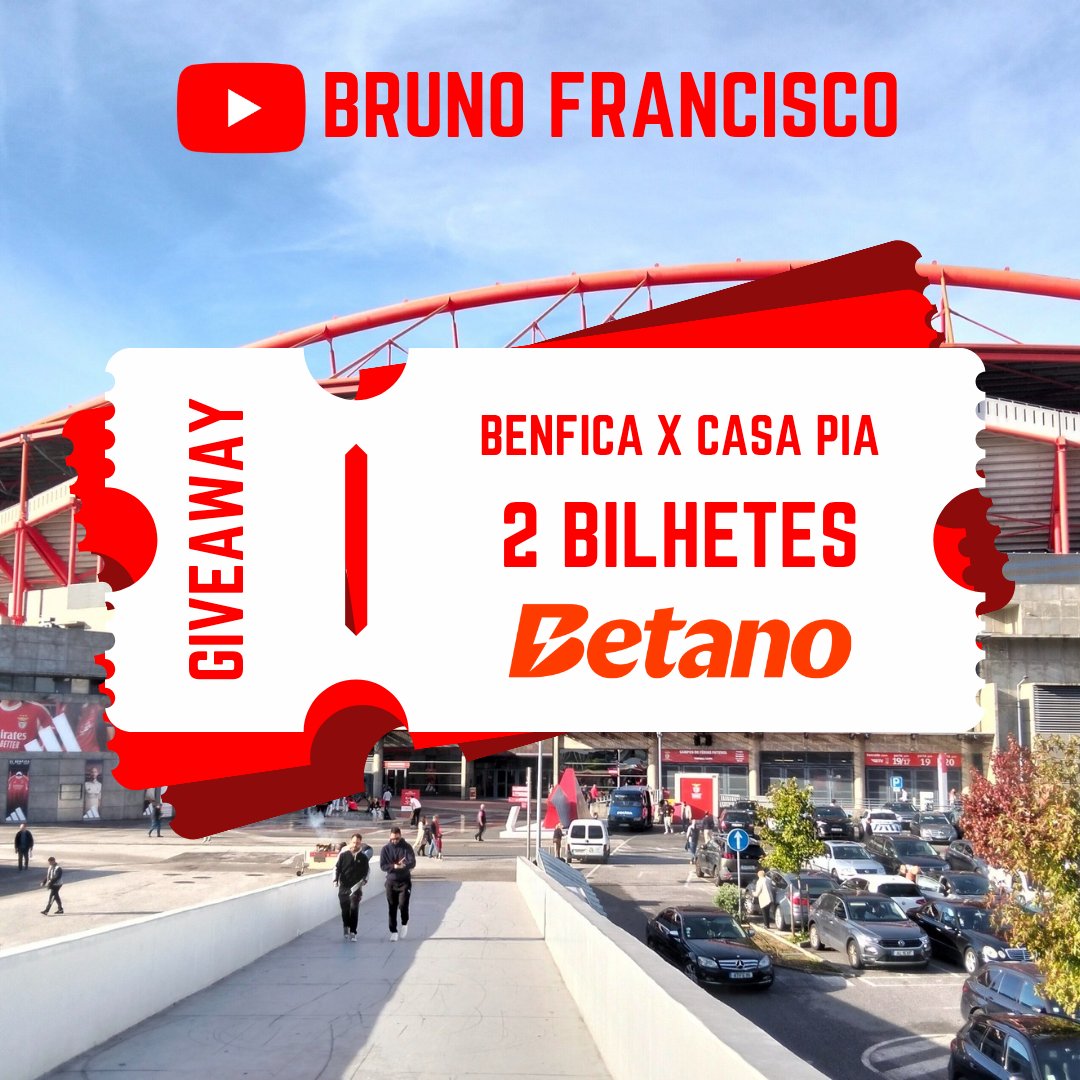 🚨 GIVEAWAY 🚨

Tenho dois bilhetes para o próximo jogo do SL BENFICA frente ao Casa Pia, na Luz!

O que tens de fazer?
- Subscrever o meu Canal de YouTube (youtube.com/@brunofrancisc…);
- RT desta publicação;
- Identificar 1 amigo (não vale páginas ou famosos)

Divulgo os 2 sortudos