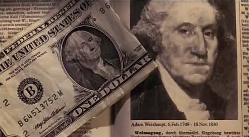 On the left, a one dollar bill. 

On the right, the founder of the Illuminati.