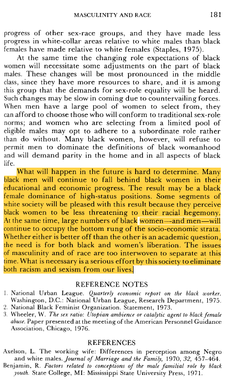 DrTJC's tweet image. It is like y&apos;all do not read  articles for understanding. Staples does not deny sexism nor does any Black male studies scholar. The issue is social hierarchies and patriarchy. You conflate the two. 

Staples says BM advantages based on gender exist, but are being eroded. He…