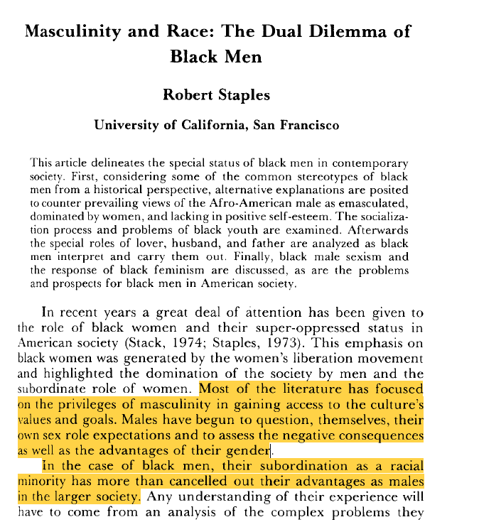 DrTJC's tweet image. It is like y&apos;all do not read  articles for understanding. Staples does not deny sexism nor does any Black male studies scholar. The issue is social hierarchies and patriarchy. You conflate the two. 

Staples says BM advantages based on gender exist, but are being eroded. He…
