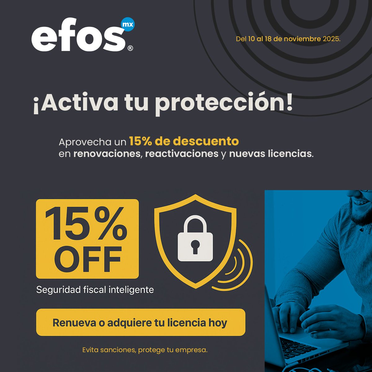 efosmx's tweet image. ¡Activa tu protección!

15% de descuento en renovaciones, reactivaciones y nuevas licencias.

Mantén a tu empresa libre de riesgos fiscales.

Promoción válida del 10 al 18 de noviembre 2025.
#promociones #efos #facturas #operacionessimuladas #alerta #deducirimpuestos #ElBuenFin
