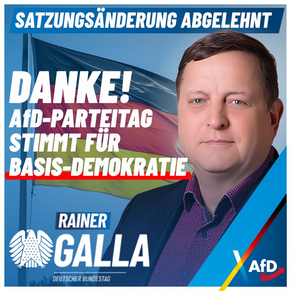 Rainer #Galla, #AfD-#Bundestag|sabgeordneter: Das ist ein harter Dämpfer für den aktuellen Landesvorsitzenden #Springer. Seine Umbaupläne von einer Mitglieder- zu einer hörigen Delegiertenpartei hat die Basis dankenswerterweise heute beendet. postly.app/4CCv