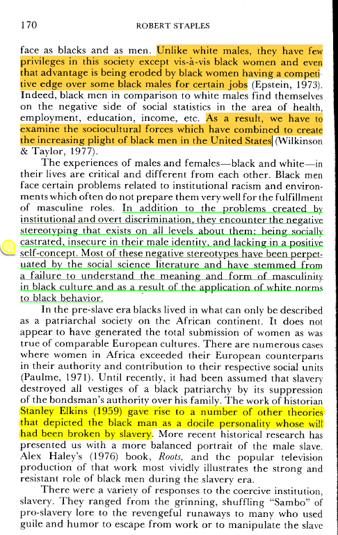 DrTJC's tweet image. It is like y&apos;all do not read  articles for understanding. Staples does not deny sexism nor does any Black male studies scholar. The issue is social hierarchies and patriarchy. You conflate the two. 

Staples says BM advantages based on gender exist, but are being eroded. He…
