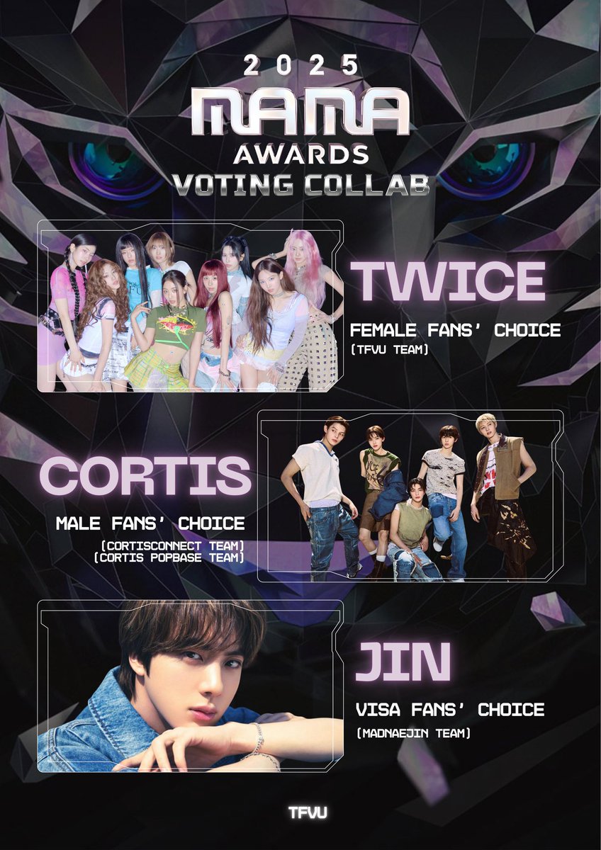 MAMA AWARDS 2025 🏆
2nd VOTING | DAY 11

FANS’ CHOICE
✅ Female: Vote for TWICE 
✅ Male: Vote for CORTIS

VISA FANS CHOICE
✅ JIN

🔗share.mnetplus.world/2025-mama?miss…

🎯 1000+ PROOFS ‼️

WE NEED EVERYONE’S COOPERATION! PLEASE VOTE, RT AND REMIND YOUR FRIENDS! 🚨 Fanbases, kindly help