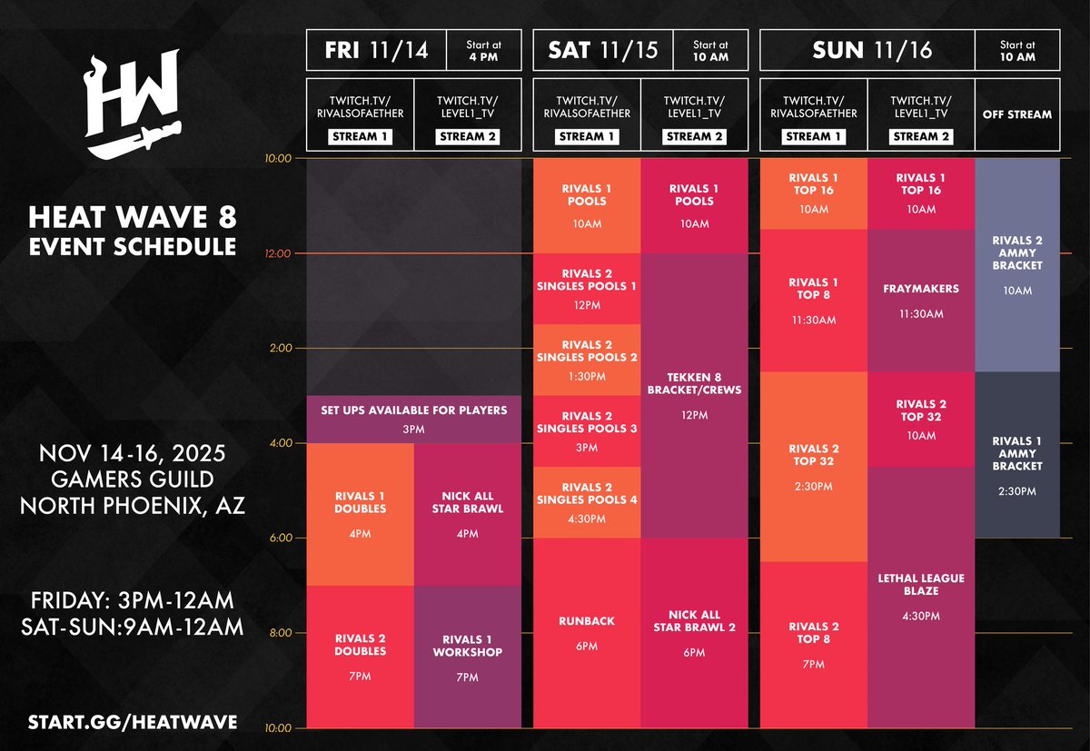 AZRivals's tweet image. Need to know what time your pool is?

Maybe you're trying to figure out when lethal league is?

Perhaps you need to tell your dubs partner to show up at 4PM for the 54th time?

Accomplish all this and more with the Heat Wave 8 Schedule!

Fri: 3PM - 12AM
SAT/SUN: 9AM - 12AM