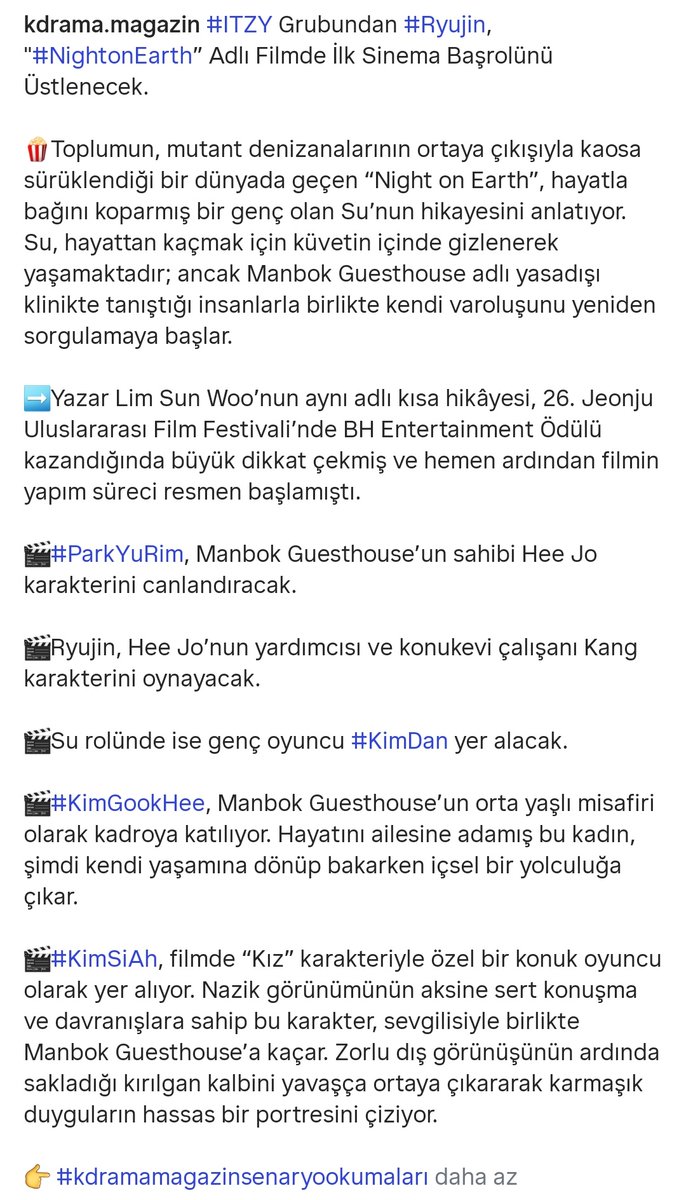 kdrama_magazin's tweet photo. #ITZY Grubundan #Ryujin, "#NightonEarth” Adlı Filmde İlk Sinema Başrolünü Üstlenecek.
#ParkYuRim #KimDan #KimGookHee #KimSiAh
👉 #kdramamagazinsenaryookumaları https://t.co/tPKoCdyMQ3