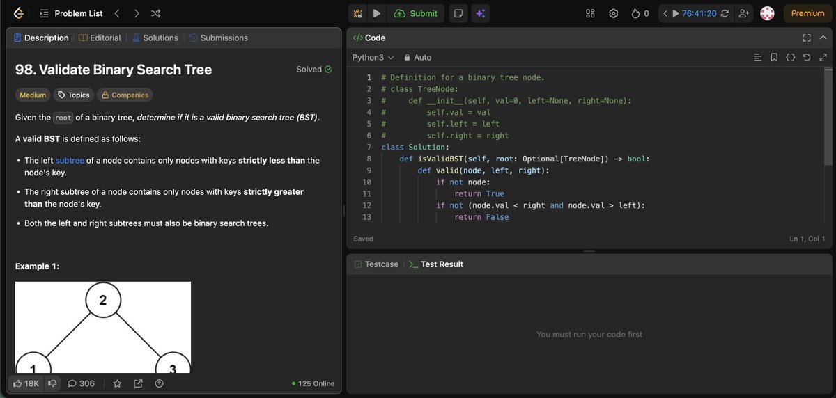 Topzee0o1's tweet image. Days 54 – 55 of #100DaysOfDSA

Deep diving into BST

From @striver_79:

✅ Studied Validate Binary Search Tree
✅ Studied Two Sum IV – Input is a BST
✅ Solved both on @LeetCode

Reinforcing how BST properties enable efficient search and validation algorithms😎

#Day55 #Python