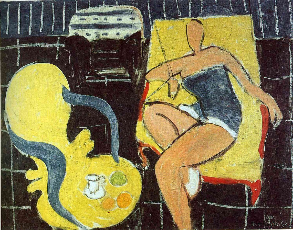 LewisBeerBlog's tweet image. In L’avventura, Anna has been reading Tender is the Night. On the cover is a painting by Matisse: a woman reclines beside an empty chair (she does not want company), her features blank as though she has effaced herself, at once eloquent and opaque...like Anna&apos;s disappearance.