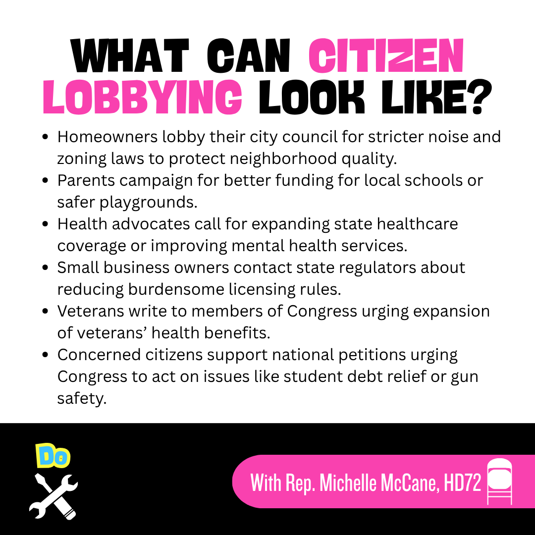 Professional lobbyists are paid to engage with elected officials about the interests of the entity they represent. But did you know that everyday Oklahomans can also lobby for the interests of their community? That's citizen lobbying and we need more of it!