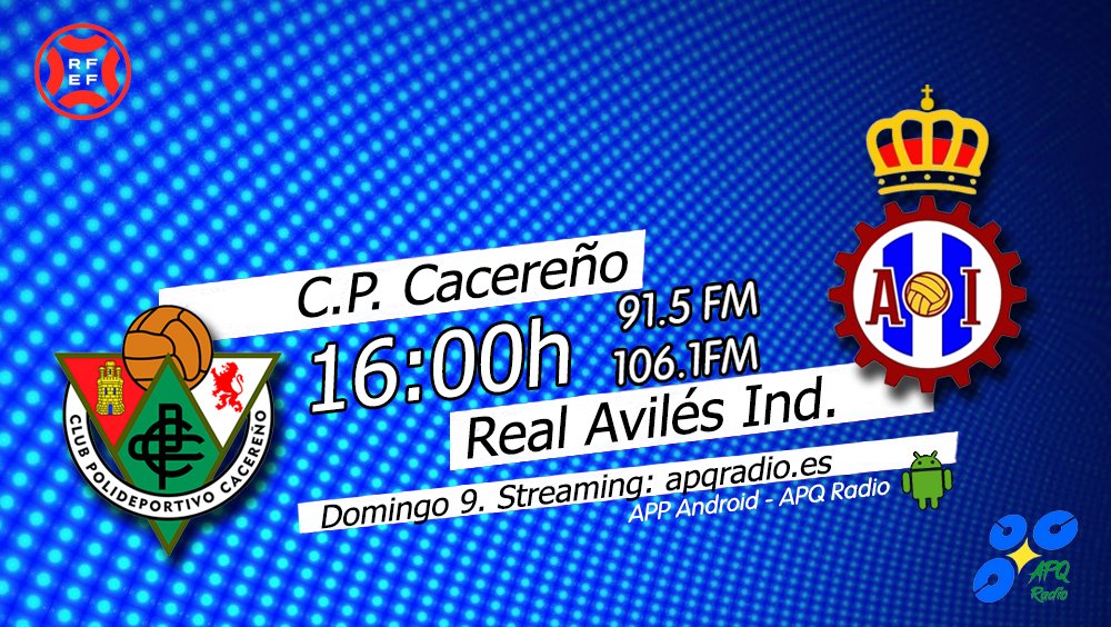 🔴HOY, EN LA BANQUETA DEPORTIVA🔴
🕓 16h (Previa desde las 15:45h)
🏟️ Príncipe Felipe
⚽️ <a href="/CPCacerenoSAD/">CP Cacereño 🟢🐉</a> 🆚 <a href="/RealAvilesInd/">Real Avilés Industrial</a> 
🎙️ <a href="/CESARLEOGARCIA/">CESAR CONSTANTINO</a> 
📻 91.5 - 106.1FM Asturias
🖥️ apqradio.es
📱 bit.ly/3oFv0HI