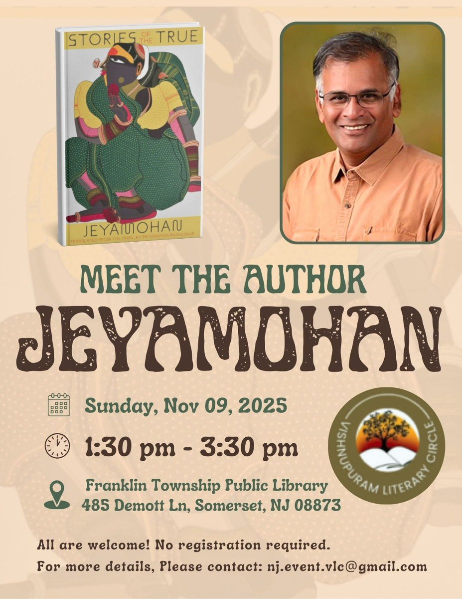 New Jersey and adjacent areas friends have an opportunity to join Jeyamohan on his book (Story of The True) signing event at a public library.